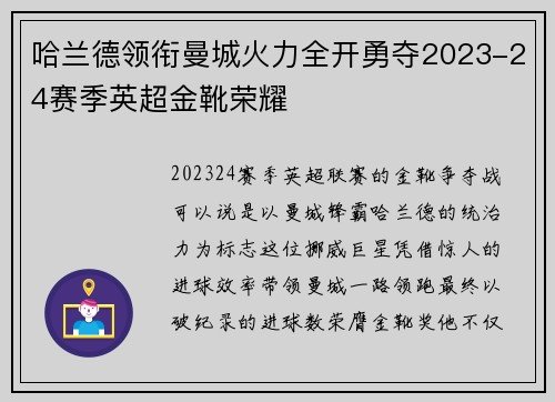 哈兰德领衔曼城火力全开勇夺2023-24赛季英超金靴荣耀
