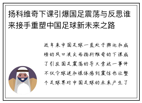 扬科维奇下课引爆国足震荡与反思谁来接手重塑中国足球新未来之路
