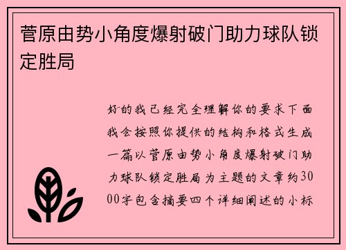 菅原由势小角度爆射破门助力球队锁定胜局